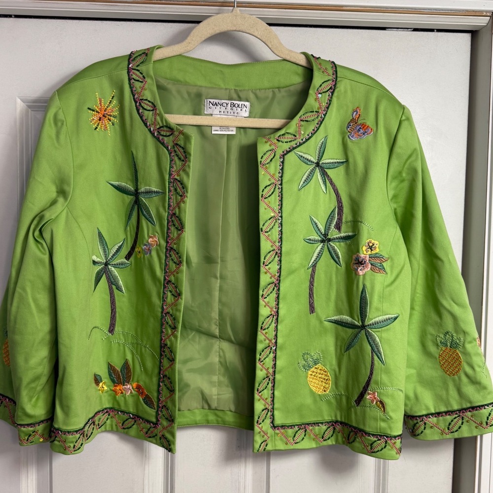 Nancy Bolen City Girl Petite Lime Green Tropical Embroidered Jacket 16P Bolero